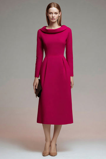 Fuchsia A-Line Long Sleeve Midi Work Dress
